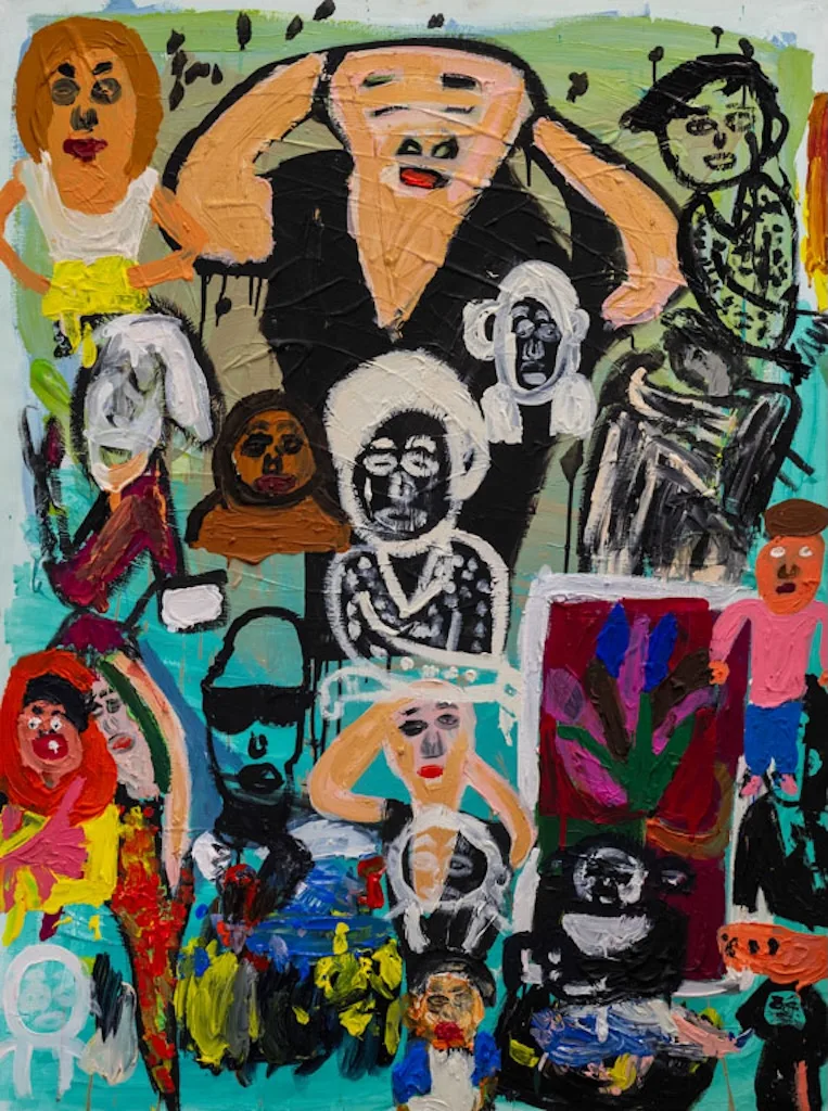 Acrylic painting by Ernest, filled with colourful, expressive figures and faces, 2025