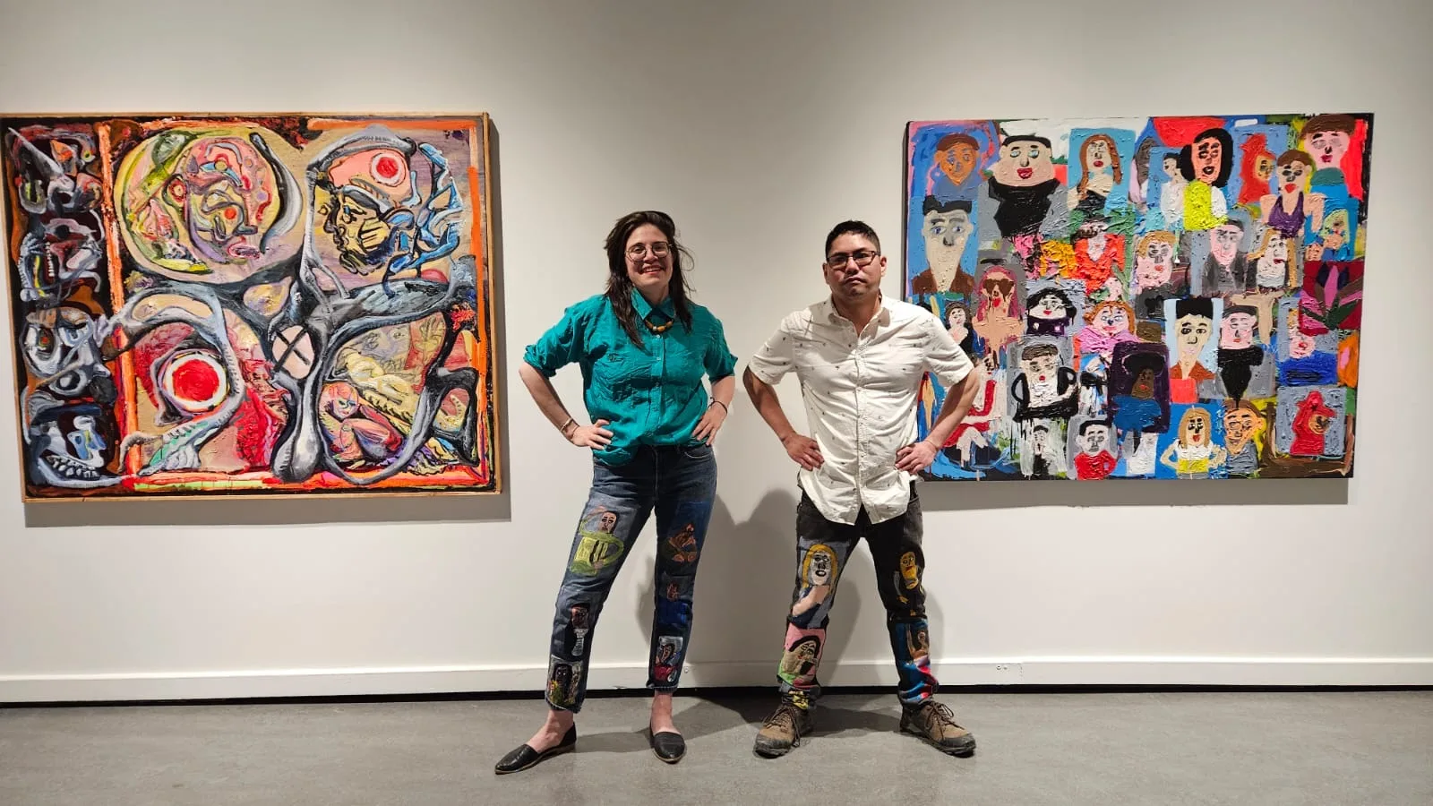 Phoebe and Ernest at the Arts Centre during Ernest&rsquo;s 2025 exhibit, Without Saying, with his artwork on display